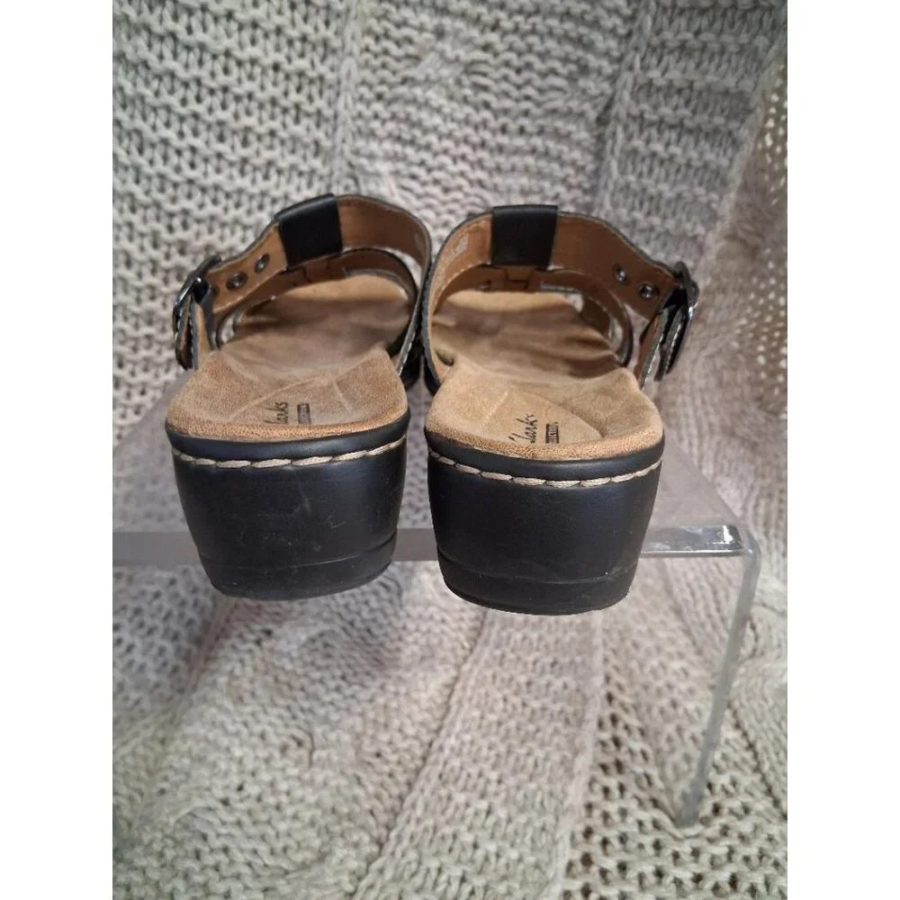 Clarks Collection Black Leather Adjustable Womens Slip-On Sandals Size 8M